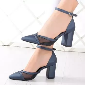 Женская модная темно-синяя атласная сетчатая обувь на толстом каблуке Классическая обувь на каблуке