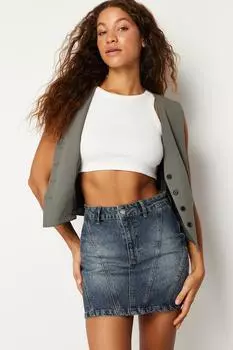 Женская модная темно-синяя более экологичная мини-юбка из джинсовой ткани с высокой талией и строчкой