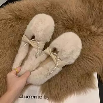 Женская модная теплая нескользящая хлопковая бархатная обувь с жемчугом 35 хаки