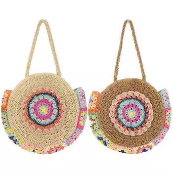 Женская модная тканая сумка, круглая соломенная тканая сумка-тоут, сумка на плечо для отдыха, большая вместительная стильная сумка в этническом стиле бежевый