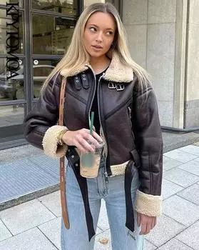 Женская модная толстая теплая куртка из искусственной овчины, винтажное пальто с длинным рукавом и поясом, женская верхняя одежда, шикарные топы S