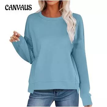 Женская модная толстовка больших размеров с круглым вырезом и длинным рукавом, осенний топ, повседневный свободный трикотажный топ S чёрный