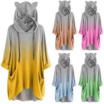 Женская модная толстовка градиентного цвета с кошачьими ушками, толстовка с капюшоном, пуловер, топ L синий