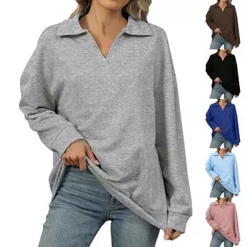 Женская модная толстовка-пуловер, однотонная, с лацканами, свободная, с длинным рукавом, топ S