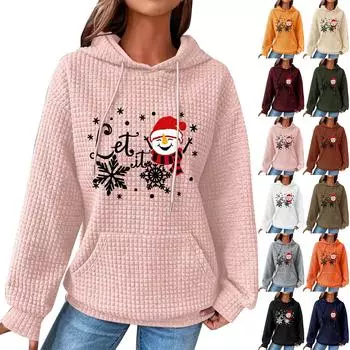 Женская модная толстовка с длинным рукавом и рождественским принтом, пуловер на шнурке с карманом, толстовка XL розовый