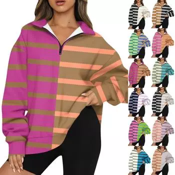 Женская модная толстовка с длинным рукавом и принтом в полоску с отворотом на молнии XXXL бежевый