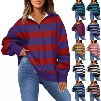 Женская модная толстовка с длинным рукавом и принтом в полоску с отворотом на молнии L армия зеленый