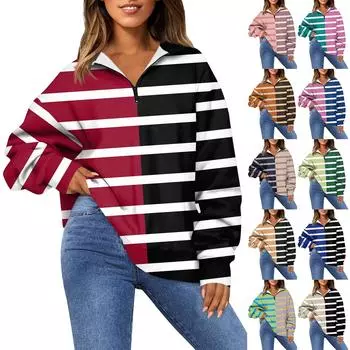 Женская модная толстовка с длинным рукавом и принтом в полоску с отворотом на молнии XXXL розовый