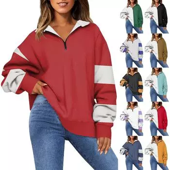 Женская модная толстовка с длинным рукавом и принтом в полоску с отворотом на молнии XL красный