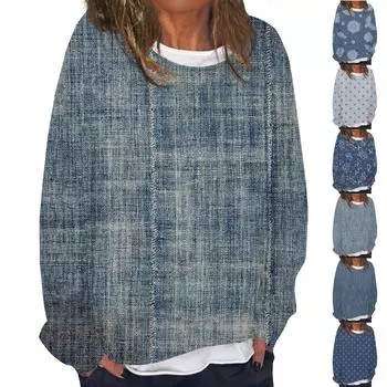 Женская модная толстовка с длинным рукавом из искусственного денима с принтом и воротником L синий