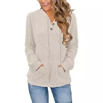 Женская модная толстовка с длинным рукавом, однотонная, повседневная, в рубчик, на пуговицах L бежевый