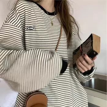 Женская модная толстовка с длинным рукавом, осенние полосатые пуловеры, джемпер в стиле Харадзюку, пуловеры, повседневная женская рубашка M бежевый