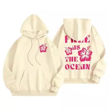 Женская модная толстовка с длинным рукавом, принтом букв, капюшоном, завязками, большим карманом, толстовка сверху L бежевый