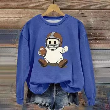 Женская модная толстовка с длинным рукавом, принтом на Хэллоуин и круглым вырезом S синий