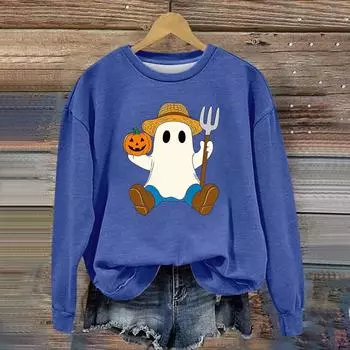 Женская модная толстовка с длинным рукавом, принтом на Хэллоуин и круглым вырезом L синий