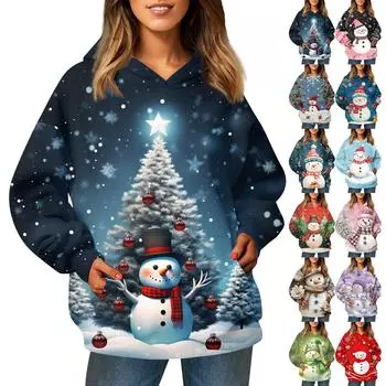 Женская модная толстовка с длинным рукавом, рождественский принт «Снеговик», «Снежинка», с капюшоном и карманом L синий
