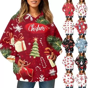 Женская модная толстовка с длинным рукавом, рождественский принт «Снеговик», «Снежинка», с капюшоном и карманом M красный