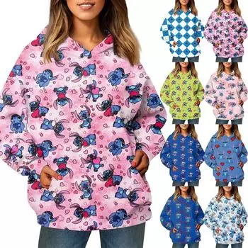 Женская модная толстовка с длинными рукавами и принтом стежков, с капюшоном и карманом L синий