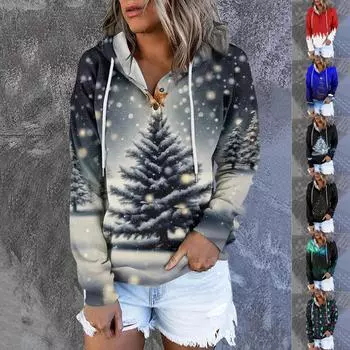 Женская модная толстовка с длинными рукавами и принтом рождественской елки и снежинок M серый