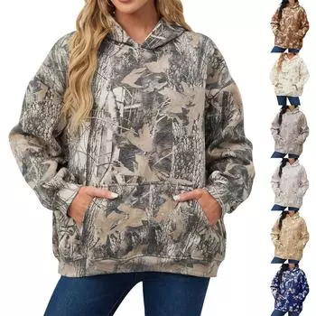 Женская модная толстовка с капюшоном и длинным рукавом с принтом листьев регби L кофейный