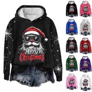 Женская модная толстовка с капюшоном и глубокими рукавами с рождественским принтом XL