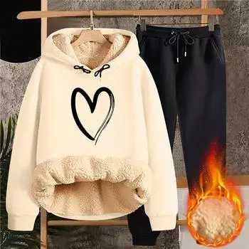 Женская модная толстовка с капюшоном и принтом, повседневный комплект из двух предметов L бежевый