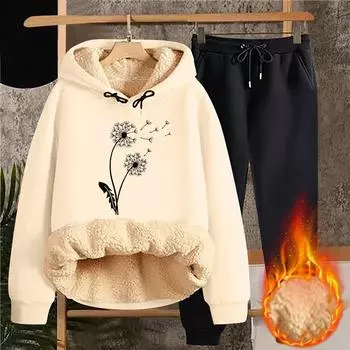 Женская модная толстовка с капюшоном и принтом, повседневный комплект из двух предметов L бежевый