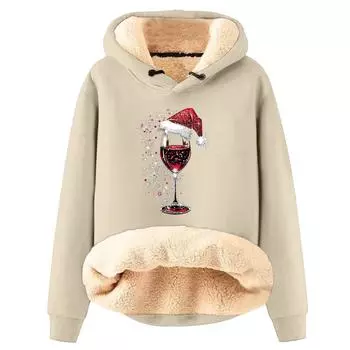 Женская модная толстовка с капюшоном и рождественским принтом, утепленная, свободная, с капюшоном L бежевый