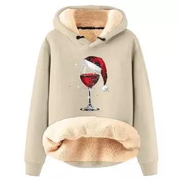 Женская модная толстовка с капюшоном и рождественским принтом, утепленная, свободная, с капюшоном L бежевый