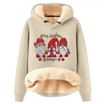 Женская модная толстовка с капюшоном и рождественским принтом, утепленная, свободная, с капюшоном L бежевый