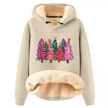 Женская модная толстовка с капюшоном и рождественским принтом, утепленная, свободная, с капюшоном L бежевый
