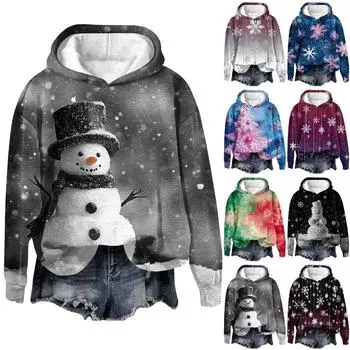 Женская модная толстовка с капюшоном и заниженной линией плеч с длинным рукавом и рождественским принтом M