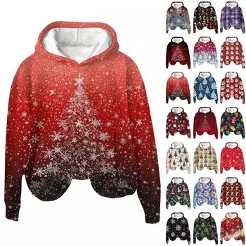 Женская модная толстовка с капюшоном и заниженной линией плеч с длинным рукавом и рождественским принтом XL синий