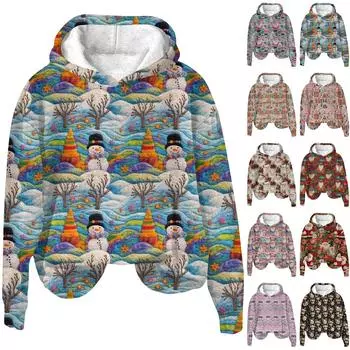 Женская модная толстовка с капюшоном и заниженной линией плеч с длинным рукавом и рождественским принтом M красный