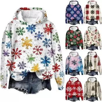 Женская модная толстовка с капюшоном и заниженной линией плеч с длинным рукавом и рождественским принтом L бежевый