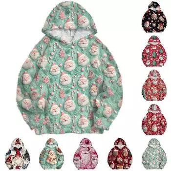 Женская модная толстовка с капюшоном и заниженной линией плеч с длинным рукавом и рождественским принтом M