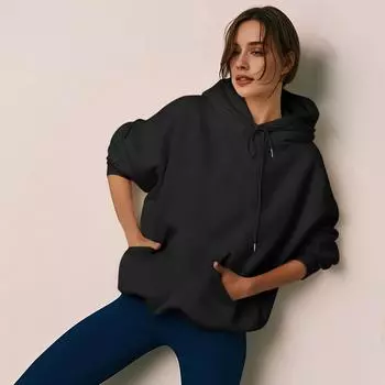 Женская модная толстовка с капюшоном на молнии с длинным рукавом, повседневная однотонная толстовка с карманами L чёрный