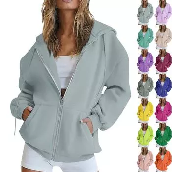 Женская модная толстовка с капюшоном на молнии с длинным рукавом, повседневная однотонная толстовка с карманами L армия зеленый