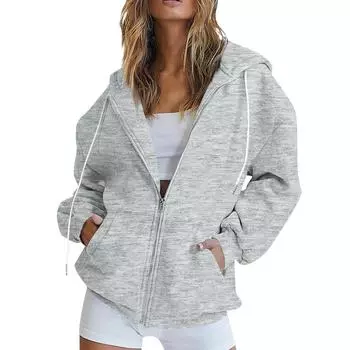 Женская модная толстовка с капюшоном на молнии с длинным рукавом, повседневная однотонная толстовка с карманами XL