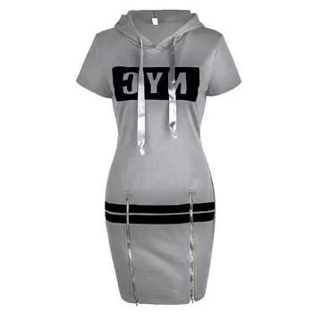 Женская модная толстовка с капюшоном с буквенным рисунком, повседневное облегающее короткое платье с коротким рукавом и молнией на шнурке S серый