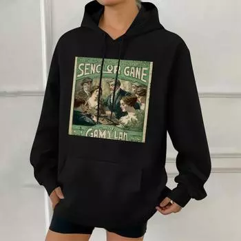 Женская модная толстовка с капюшоном в стиле ретро с принтом и карманами L чёрный