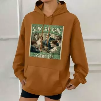 Женская модная толстовка с капюшоном в стиле ретро с принтом и карманами L коричневый