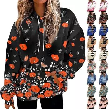 Женская модная толстовка с принтом, повседневная толстовка с капюшоном и карманами S синий