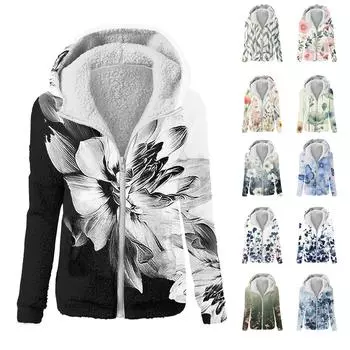 Женская модная толстовка с принтом, свободная плюшевая куртка с капюшоном на молнии L синий