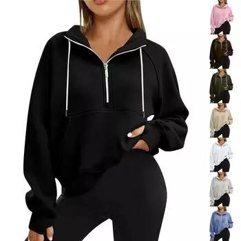 Женская модная толстовка с застежкой-молнией на половину длины, однотонная толстовка с завязками на рукавах L армия зеленый