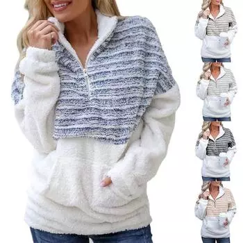 Женская модная толстовка Топы из флиса Свободные с длинным рукавом Плюшевая молния Зимняя уличная одежда Повседневная S серый