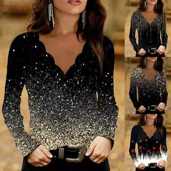 Женская модная тонкая футболка с длинным рукавом с принтом и v-образным вырезом L чёрный