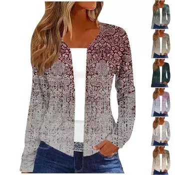 Женская модная тонкая повседневная куртка-кардиган с длинным рукавом и принтом, топы M винный