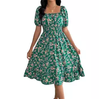 Женская модная юбка А-силуэта с цветочным принтом, квадратным вырезом и короткими рукавами, с оборками на талии XL