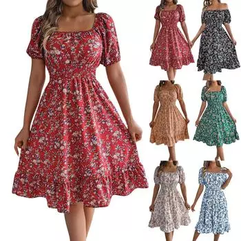 Женская модная юбка А-силуэта с цветочным принтом, квадратным вырезом и короткими рукавами, с оборками на талии L чёрный